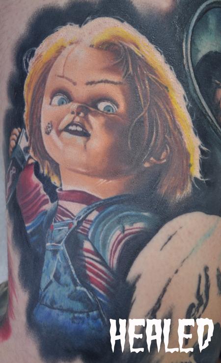 Tattoos - Healed Chucky Childs Play Portrait In Progress Horror Leg Sleeve - 104349